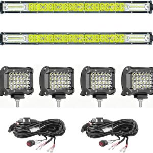 LED Light Bar Kit Series: (2) 20-inch 180W + (4) 4-inch 72W 12V/24V—Ultra-Slim Truck Bumper Work Lights / Off-Road Auxiliary Light Set (Flood + Spot Beam); 10,000 Lumens, 6500K Color Temperature; suitable for ATVs, tractors, pickups, golf carts, and RVs; includes (2) dedicated wiring harness kits.