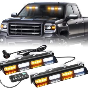 Emergency Dashboard Strobe Lights: Safety Warning Flashing Lights; Split-Bar Design suitable for mounting on Front/Rear Windshields and Rear Deck Ledges (Interior Use); Includes Suction Cup Mounts; Suitable for Construction Vehicles and Trucks; 2-Pack (14 inches each, Amber/White Light).