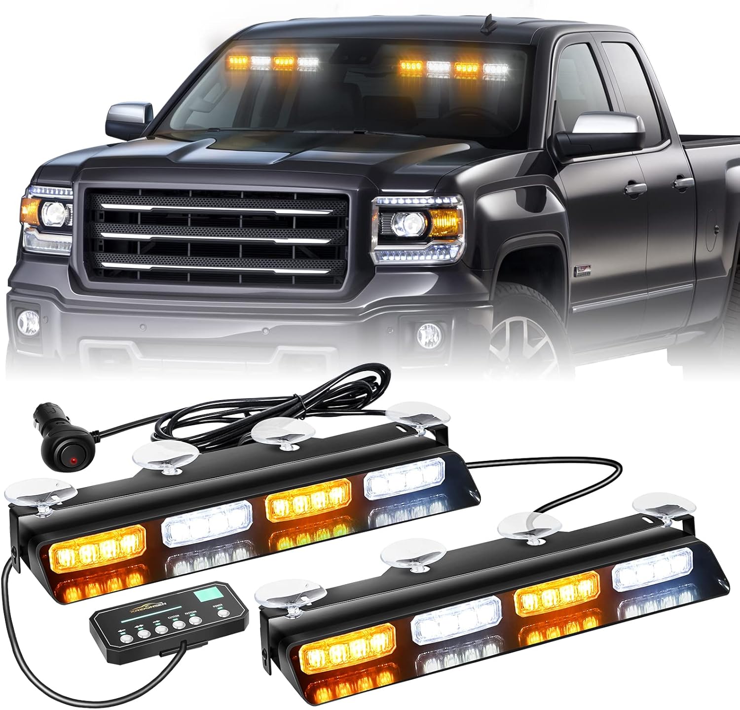 Emergency Dashboard Strobe Lights: Safety Warning Flashing Lights; Split-Bar Design suitable for mounting on Front/Rear Windshields and Rear Deck Ledges (Interior Use); Includes Suction Cup Mounts; Suitable for Construction Vehicles and Trucks; 2-Pack (14 inches each, Amber/White Light).