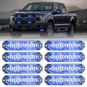 8-Piece 12-LED Synchronized Emergency Strobe Grille Light Kit—Ultra-Slim Surface-Mount Hazard Warning Flasher Bars; suitable for fire trucks, construction vehicles, police cruisers, trucks, various vehicles, and SUVs (Blue Light).