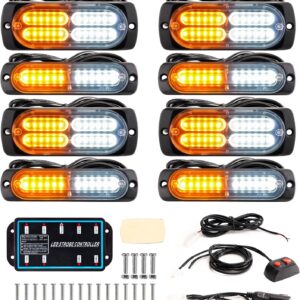 8-Piece LED Emergency Strobe Light Kit: Supports Synchronization Function; Ultra-Slim Grille-Mount Flashing Warning Light Bars with Controller; Suitable for Construction Vehicles, Fire Trucks, Trucks, and Cars (Amber/White Light).