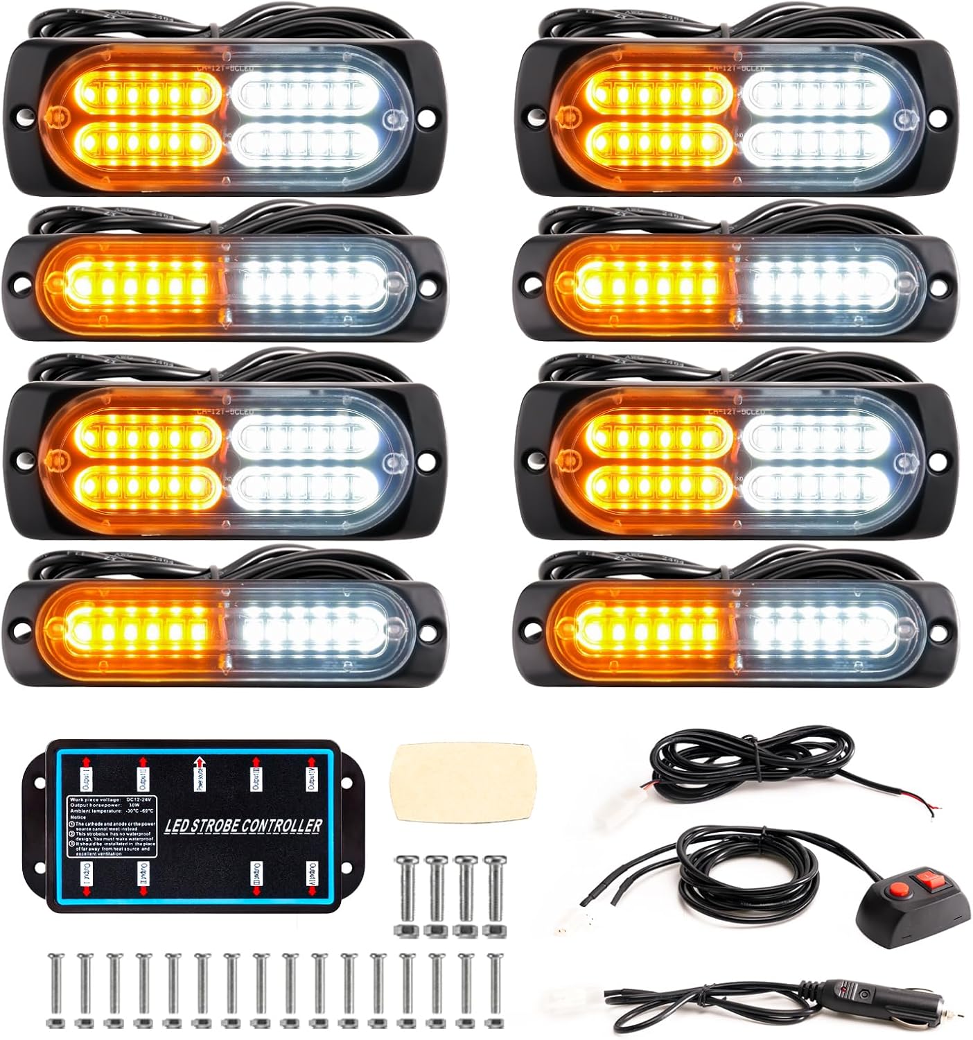 8-Piece LED Emergency Strobe Light Kit: Supports Synchronization Function; Ultra-Slim Grille-Mount Flashing Warning Light Bars with Controller; Suitable for Construction Vehicles, Fire Trucks, Trucks, and Cars (Amber/White Light).
