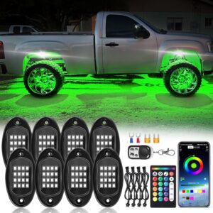 8-Piece Pack RGB LED Underbody Rock Light Kit, featuring independent dual-zone control and brake-linkage functionality; high-brightness, multi-color neon underbody accent lighting with IP67 waterproof rating; suitable for trucks, pickups, Jeeps, golf carts, SxS, ATVs, and off-road vehicles.